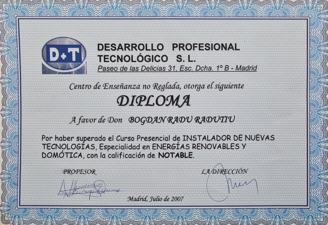 Diploma Energías Renovables, Domótica y Nuevas Tecnologías – Formación técnica GameSystems Leganés