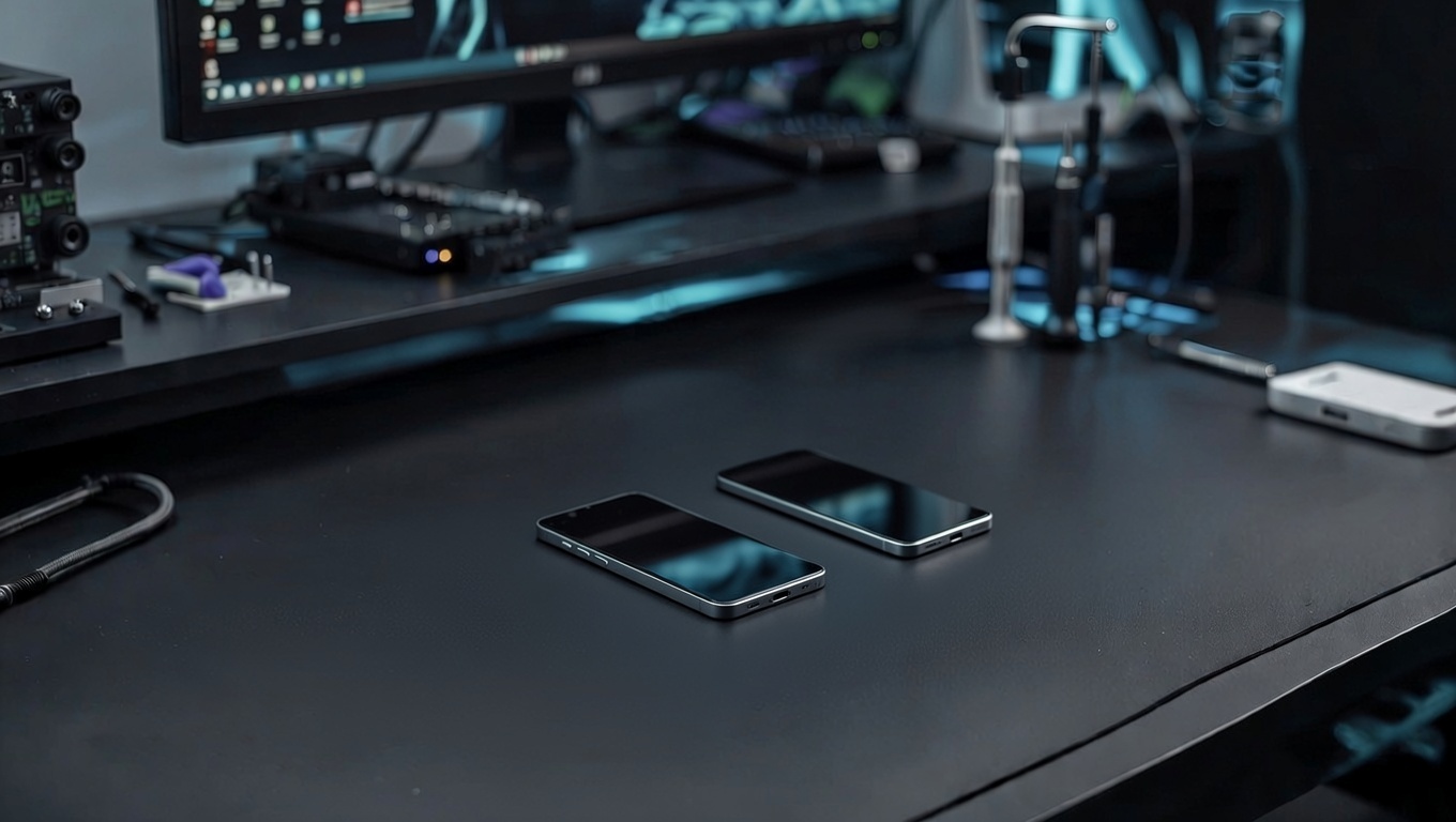 Varios móviles en mesa de taller GameSystems Leganés – Reparación móviles iPhone Samsung