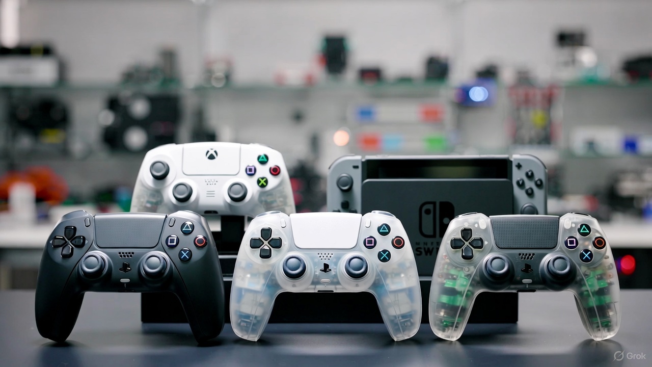 Varios mandos gaming en mesa de taller GameSystems Leganés – Reparación mandos PS5, Switch y Xbox