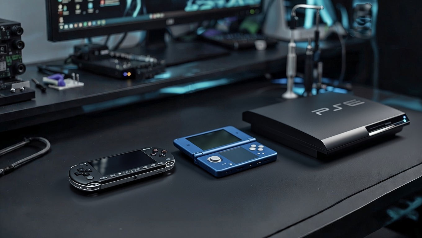 Mesa de taller con PSP, PS3 y Nintendo 3DS listas para reparar – Reparación consolas retro GameSystems Leganés