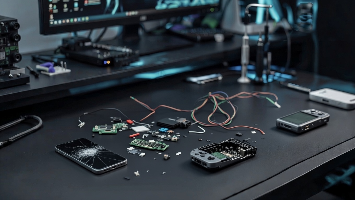 Varios aparatos electrónicos en mesa de taller GameSystems Leganés – Reparación consolas, portátiles, tablets y móviles